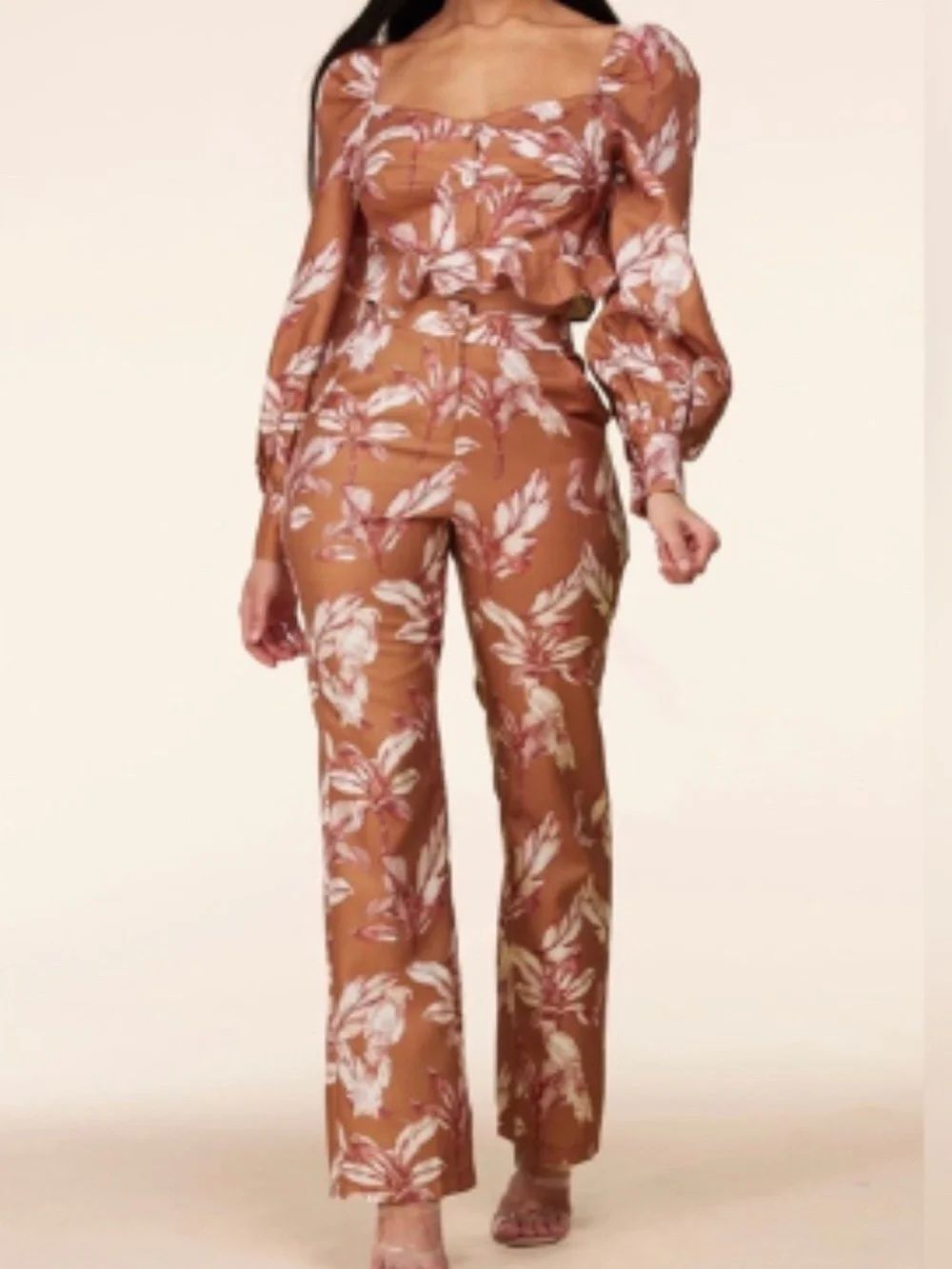 NEW L'ATISTE Rust Orange Floral Print Blouse and Pants Two Piece Set Size L